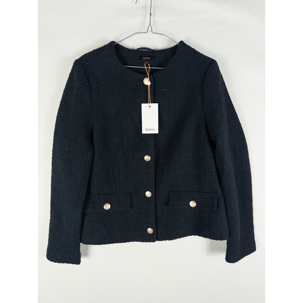 Quince Bouclé Tweed Jacket Womens M Black Gold Button NWT Quiet Luxury Chic